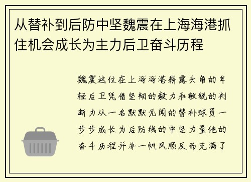 从替补到后防中坚魏震在上海海港抓住机会成长为主力后卫奋斗历程