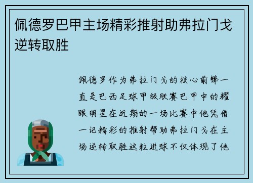 佩德罗巴甲主场精彩推射助弗拉门戈逆转取胜